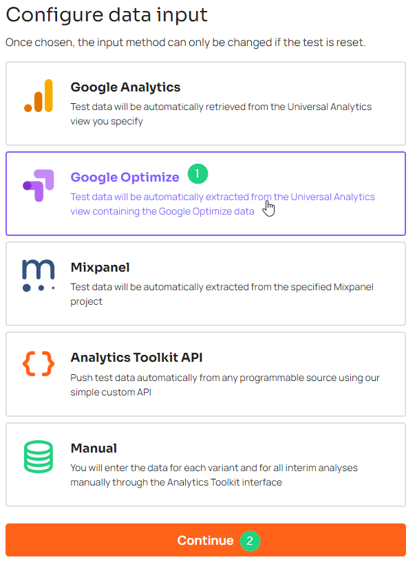 selecting Google Optimize as a data source